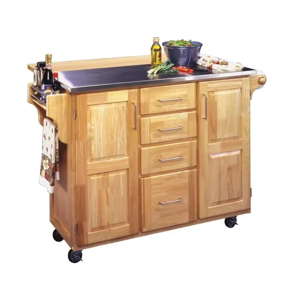 Natural Wood Kitchen Cart with Stainless Top and Breakfast Bar
