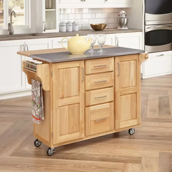 Natural Wood Kitchen Cart with Stainless Top and Breakfast Bar