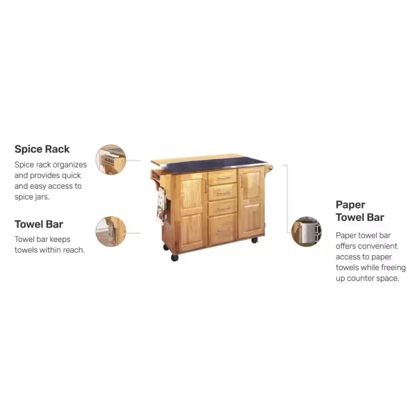 Natural Wood Kitchen Cart with Stainless Top and Breakfast Bar