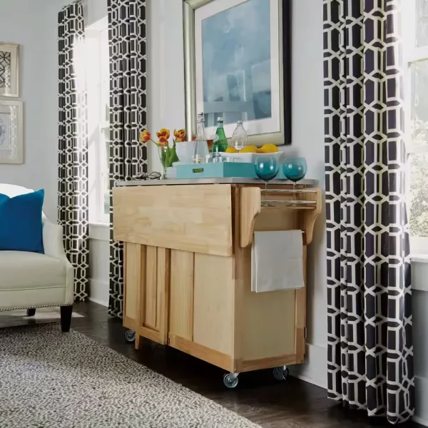Natural Wood Kitchen Cart with Stainless Top and Breakfast Bar