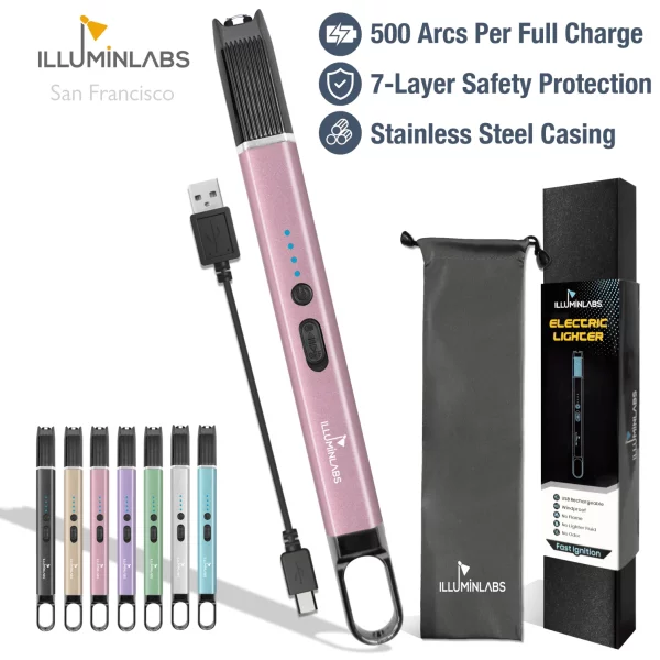 Illuminlabs Electric Lighter – USB Rechargeable Candle lighter, Windproof Flameless Plasma Arc Lighter for BBQ Grill, Camping, Stove, 7.5” Long Stick Lighter,Rose Gold