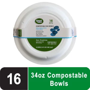 Great Value Compostable, Microwave Safe, Cut Resistent, Soak Resistant, Temperature Resistant, Disposable Paper Bowls, 34 oz, White, 16 Count