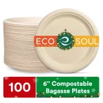 ECO SOUL 100% Compostable 6 Inch Bagasse Paper Plates, 100 counts | Heavy-Duty Disposable Appetizer Plates | Eco-Friendly Made of Sugarcane Fibers-Natural Biodegradable Plates