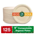 ECO SOUL 100% Compostable 9 inch Bagasse Paper Plates, 125 Counts | Heavy-Duty Disposable Plates | Eco-Friendly Made of Sugarcane Fibers-Natural Unbleached Biodegradable Plates