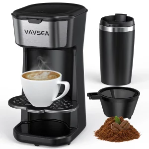 VAVSEA Single-Serve Coffee Maker Brewer 14Oz with Thermal Travel Mug and Reusable Filter, 600W Personal Coffeemaker for Ground Coffee