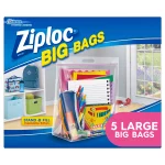 Ziploc® Big Bags, Large, Secure Double Zipper, 5 ct, Expandable Bottom, Heavy-Duty Plastic, Built-In Handles, Flexible Shape to Fit Where Storage Boxes Can't