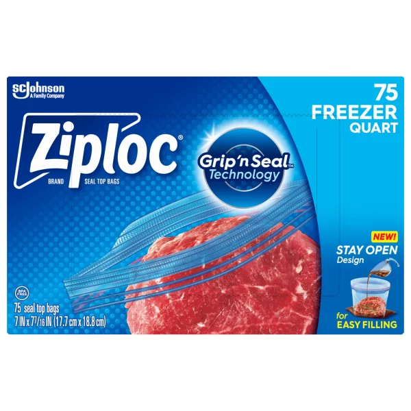 Ziploc® Brand Freezer Bags with New Stay Open Design, Quart, 75, Patented Stand-up Bottom, Easy to Fill Freezer Bag, Unloc a Free Set of Hands in the Kitchen, Microwave Safe, BPA Free