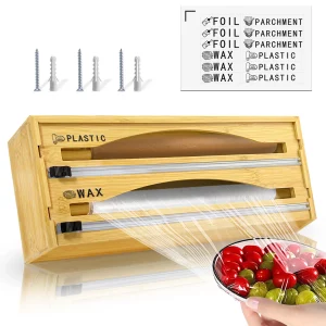 RIOUSERY Foil and Plastic Wrap Organizer, 2 in 1 Plastic Wrap Dispenser with Cutter, Aluminum Foil Organization and Storage Holder, Cling Film Wax Paper Dispenser for Kitchen Drawer for 14" Roll