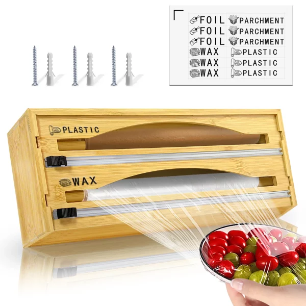 RIOUSERY Foil and Plastic Wrap Organizer, 2 in 1 Plastic Wrap Dispenser with Cutter, Aluminum Foil Organization and Storage Holder, Cling Film Wax Paper Dispenser for Kitchen Drawer for 14" Roll