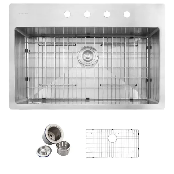 Professional 32 in. Tight Radius Drop-in 16G Stainless Steel 4-Hole Single Bowl Kitchen Sink with Accessories