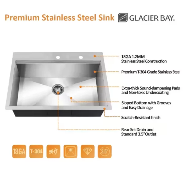 All-in-One Zero Radius Drop-in 18G Stainless Steel 30 in. 2-Hole Single Bowl Workstation Kitchen Sink, Pull-Down Faucet