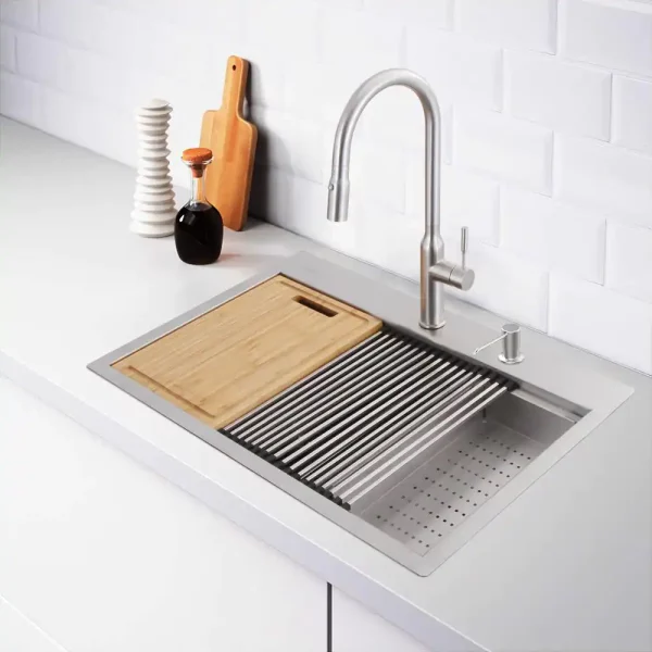 All-in-One Zero Radius Drop-in 18G Stainless Steel 30 in. 2-Hole Single Bowl Workstation Kitchen Sink, Pull-Down Faucet
