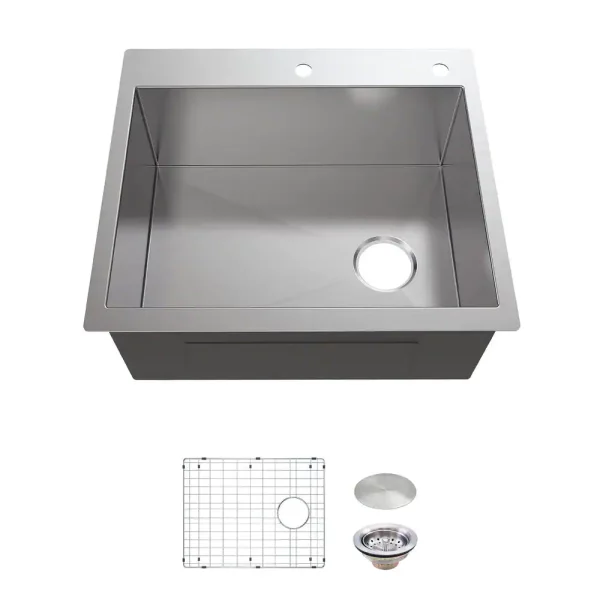 Professional 25 in. Zero Radius Drop-in 16G Stainless Steel 2-Hole Single Bowl Kitchen Sink with Accessories