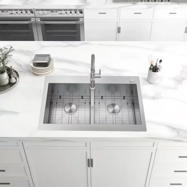 Professional 33 in. Zero Radius Drop-In 50/50 Double Bowl Drop-In Stainless Steel Kitchen Sink with Accessories