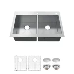 Professional 33 in. Zero Radius Drop-In 50/50 Double Bowl Drop-In Stainless Steel Kitchen Sink with Accessories