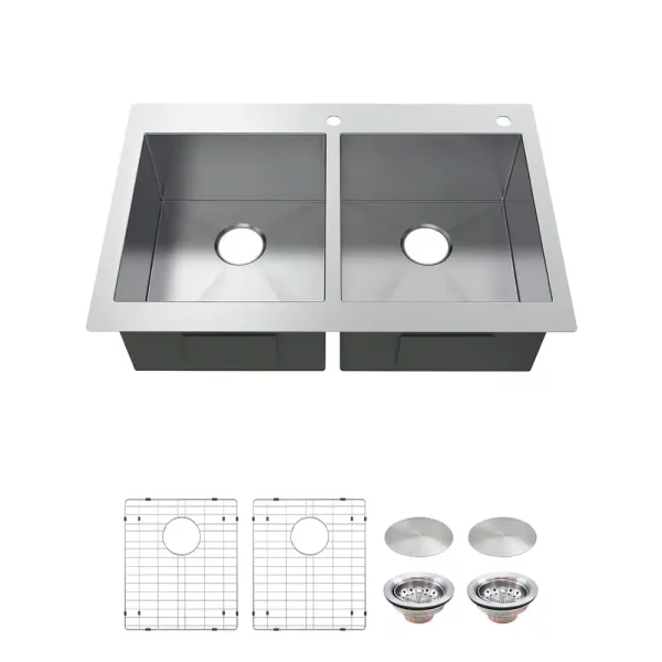 Professional 33 in. Zero Radius Drop-In 50/50 Double Bowl Drop-In Stainless Steel Kitchen Sink with Accessories