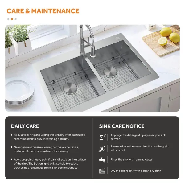Professional 33 in. Zero Radius Drop-In 50/50 Double Bowl Drop-In Stainless Steel Kitchen Sink with Accessories
