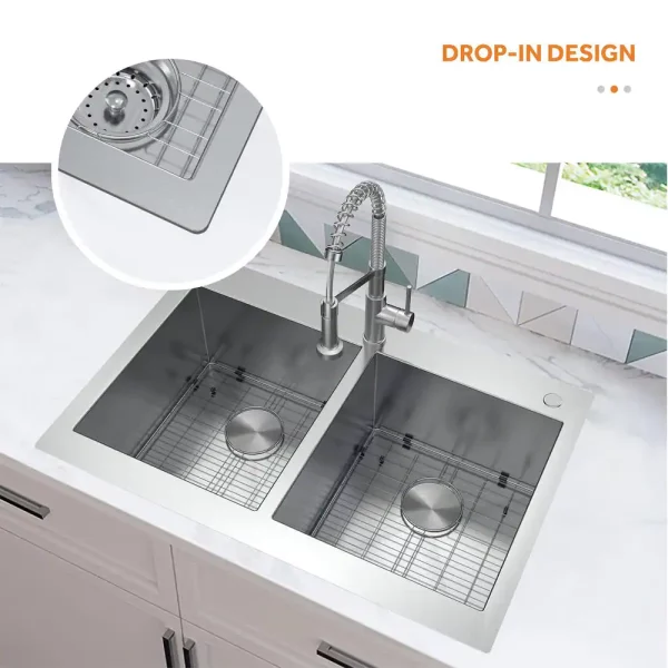 Professional 33 in. Zero Radius Drop-In 50/50 Double Bowl Drop-In Stainless Steel Kitchen Sink with Accessories
