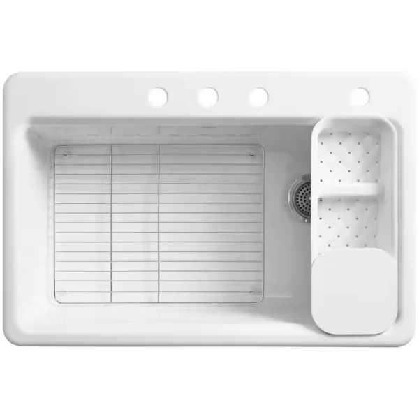 Riverby Workstation Drop-In Cast Iron 33 in. 4-Hole Single Bowl Kitchen Sink Kit with Included Accessories in White