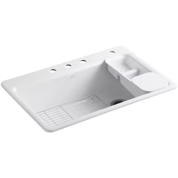 Riverby Workstation Drop-In Cast Iron 33 in. 4-Hole Single Bowl Kitchen Sink Kit with Included Accessories in White