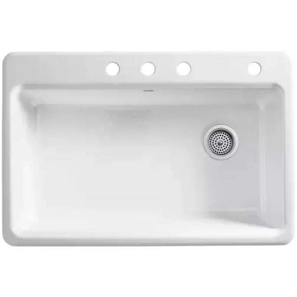 Riverby Workstation Drop-In Cast Iron 33 in. 4-Hole Single Bowl Kitchen Sink Kit with Included Accessories in White