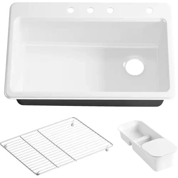 Riverby Workstation Drop-In Cast Iron 33 in. 4-Hole Single Bowl Kitchen Sink Kit with Included Accessories in White