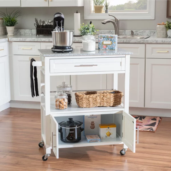 Caitlin White Kitchen Cart with Granite Top and Storage