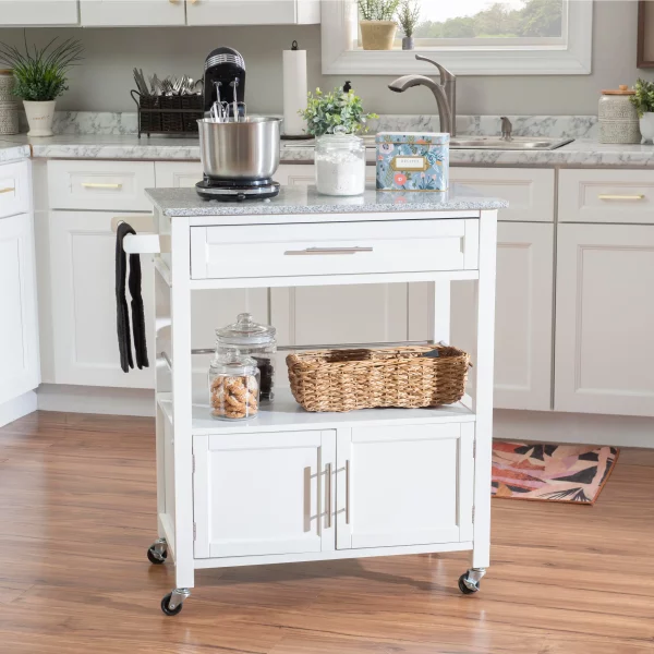 Caitlin White Kitchen Cart with Granite Top and Storage