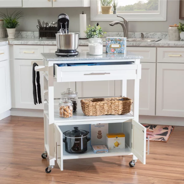 Caitlin White Kitchen Cart with Granite Top and Storage