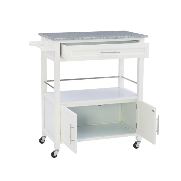 Caitlin White Kitchen Cart with Granite Top and Storage