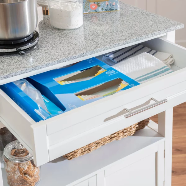 Caitlin White Kitchen Cart with Granite Top and Storage