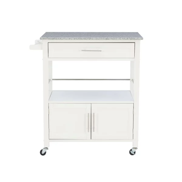 Caitlin White Kitchen Cart with Granite Top and Storage