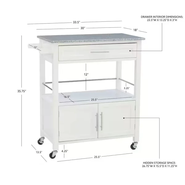 Caitlin White Kitchen Cart with Granite Top and Storage