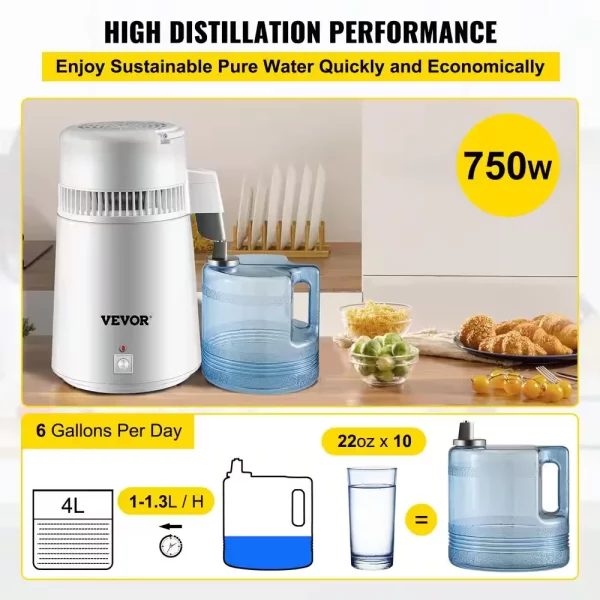 Water Distiller 750 Watt Purifier Filter 1.1 Gal. Fully Upgraded Distilling Pure Water Machine with Handle, White