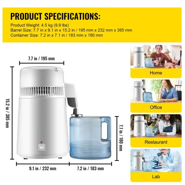 Water Distiller 750 Watt Purifier Filter 1.1 Gal. Fully Upgraded Distilling Pure Water Machine with Handle, White