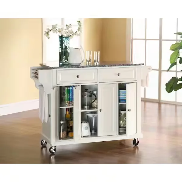 Full Size White Kitchen Cart with Granite Top