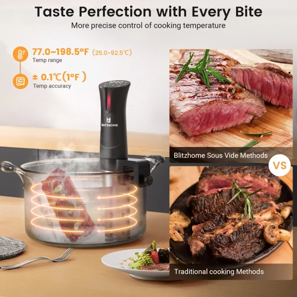 Blitzhome 1100W WIFI Sous Vide Cooker,Precision Sous Vide Machine,Ultra-quiet Fast-Heating Immersion Circulator Temperature and Digital Display,W/ APP Recipe