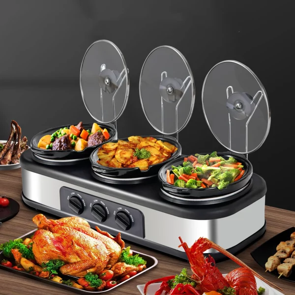 CozyHom 4.5QT Electric Slow Cooker 3 in 1, 3-Pots Stainless Steel Buffet Server Food Slow Cooker With Adjustable Temp Removable Lid Rests Triple Pot, Black