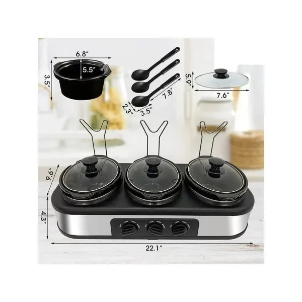 CozyHom 4.5QT Electric Slow Cooker 3 in 1, 3-Pots Stainless Steel Buffet Server Food Slow Cooker With Adjustable Temp Removable Lid Rests Triple Pot, Black