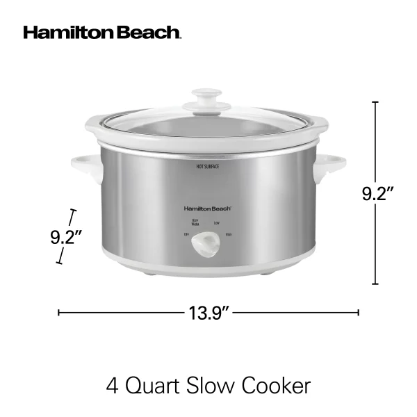 Hamilton Beach Slow Cooker, 4 Quart Capacity, Serves 4+ People, Removable Crock, White and Silver, 33140