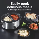 Proctor Silex Double Dish Slow Cooker with 6 Quart Crock and Dual 2.5 Qt Non-Stick Insert to Cook Two Meals at Once, Silver, 33563