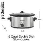 Proctor Silex Double Dish Slow Cooker with 6 Quart Crock and Dual 2.5 Qt Non-Stick Insert to Cook Two Meals at Once, Silver, 33563