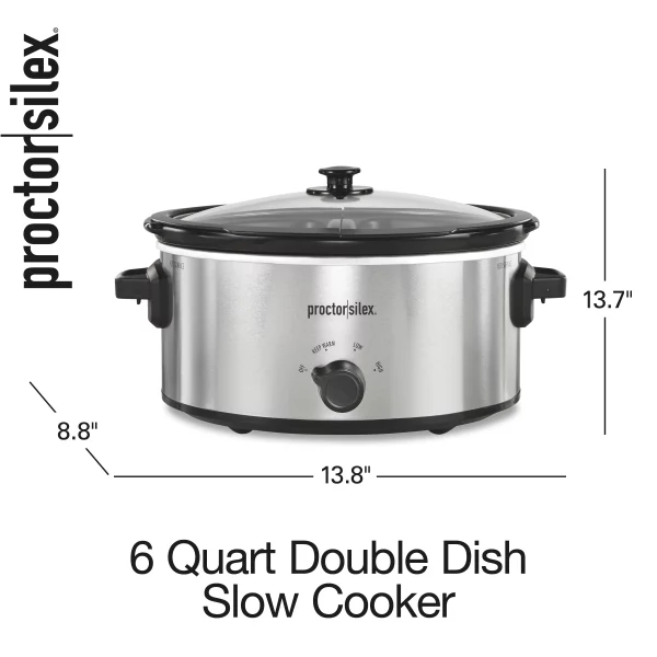 Proctor Silex Double Dish Slow Cooker with 6 Quart Crock and Dual 2.5 Qt Non-Stick Insert to Cook Two Meals at Once, Silver, 33563
