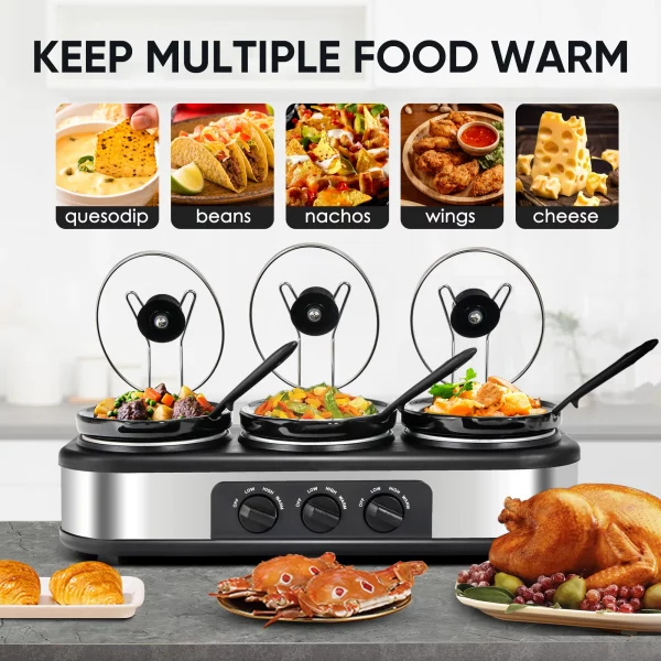 CozyHom 4.5QT Electric Slow Cooker 3 in 1, 3-Pots Stainless Steel Buffet Server Food Slow Cooker With Adjustable Temp Removable Lid Rests Triple Pot, Black