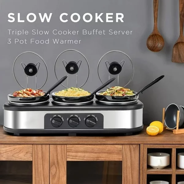 CozyHom 4.5QT Electric Slow Cooker 3 in 1, 3-Pots Stainless Steel Buffet Server Food Slow Cooker With Adjustable Temp Removable Lid Rests Triple Pot, Black