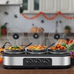 CozyHom 4.5QT Electric Slow Cooker 3 in 1, 3-Pots Stainless Steel Buffet Server Food Slow Cooker With Adjustable Temp Removable Lid Rests Triple Pot, Black