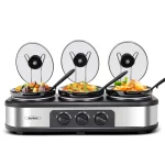 Superjoe Triple Slow Cooker, 3x1.5 Quart Electric Slow Cooker Buffet Server, Food Warmer Cooking Pot, Adjustable Temp Removable Ceramic Pots Lid Rests