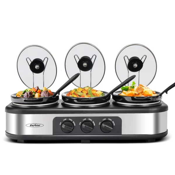 Superjoe Triple Slow Cooker, 3x1.5 Quart Electric Slow Cooker Buffet Server, Food Warmer Cooking Pot, Adjustable Temp Removable Ceramic Pots Lid Rests