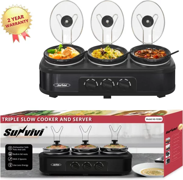Royalcraft Triple Slow Cooker Buffet Servers and Warmer,3 Pot Food Small Mini Manual Slow Cooker with Adjustable Temp Stainless Steel Lid Rests,Removable Ceramic Pot,4.5 QT Black