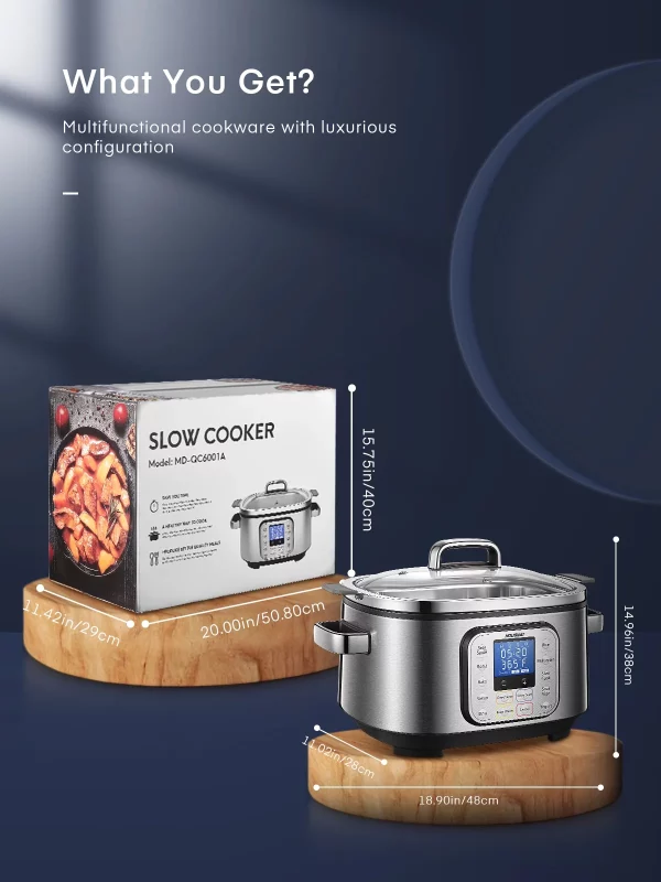 Slow Cooker, HOUSNAT 10 in 1 Programmable Cooker, 6Qt Stainless Steel, Rice Cooker, Yogurt Maker, Delay Start, Steaming Rack and Glass Lid, Adjustable Temp&Time for Slow Cook with Digital Timer